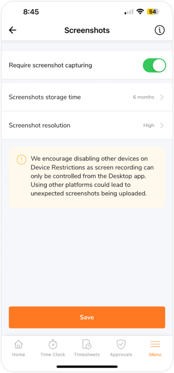 Screenshot capturing settings on mobile